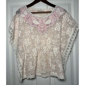 Lulamari Boho Lace Butterfly Sleeve Top Pink White Embroidered Peasant Size S